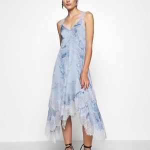 Skylar Hatsukoi Lace-trimmed Printed Satin Midi Dress In Powder Blue